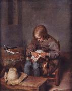 Knabe floht seinen Hund Gerard Ter Borch